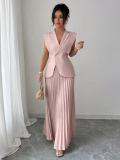 Women Sleeveless V Neck Top and Pleated Midi Skirt Two Piece Set