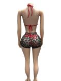 Women Leopard Print Halter Neck Sexy Bra Shorts Two Piece Set Clubwear Outfit