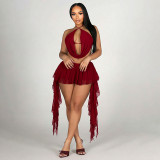 Women Mesh Halter Neck Draped Lace-Up Top & Ruffle Skort Two-Piece Set