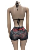Women Leopard Print Halter Neck Sexy Bra Shorts Two Piece Set Clubwear Outfit