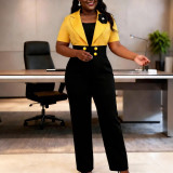 Women Color Block Turndown Collar Patchwork Jumpsuit