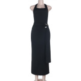 Women Sexy Backless Halter Neck Metal Split Buckle Sash Dress