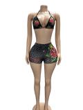 Women Leopard Print Halter Neck Sexy Bra Shorts Two Piece Set Clubwear Outfit
