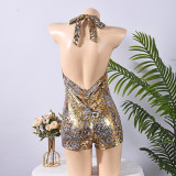 Women Printed Shiny Backless Halter Neck Summer Backless Jumpsuit