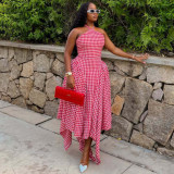 African Women's Sleeveless Halter Neck Fashion Plaid Dress Trendy High-Waist Asymmetrical Long Dress