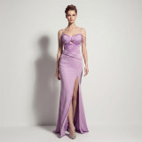 Satin Lace-Up Fishbone Split Evening Gown