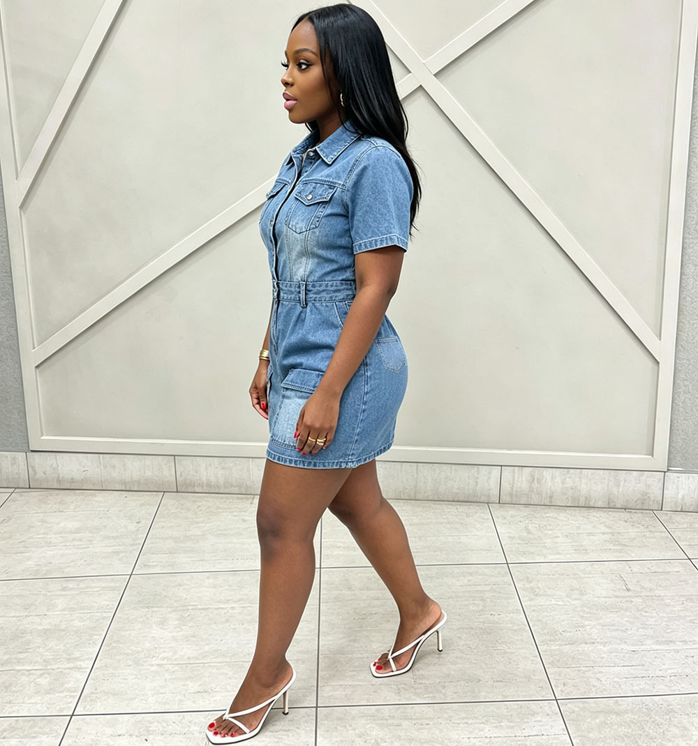 Button-Down Short-Sleeve Denim Dress for Casual Streetwear