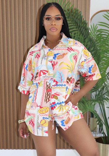 Women's Pineapple Umbrella Print Beach Short-Sleeve Shirt Shorts Set