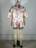 Women's Pineapple Umbrella Print Beach Short-Sleeve Shirt Shorts Set