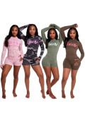 Trendy Print Sports Zip Hoodie and Shorts Two-Piece Set for Women