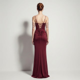 Satin Lace-Up Fishbone Split Evening Gown
