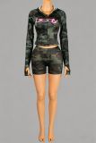 Trendy Print Sports Zip Hoodie and Shorts Two-Piece Set for Women