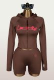Trendy Print Sports Zip Hoodie and Shorts Two-Piece Set for Women