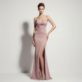 Satin Lace-Up Fishbone Split Evening Gown