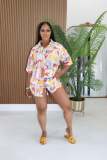 Women's Pineapple Umbrella Print Beach Short-Sleeve Shirt Shorts Set