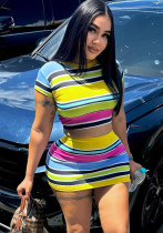 Women Summer Color Block Stripe Top and Skirt Two Piece Set Women Summer Color Block Stripe Top and Skirt Two Piece Set