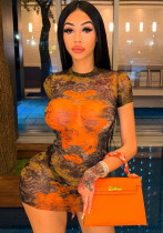 Women Mesh See Through Print Summer Short Sleeve Bodycon Dress