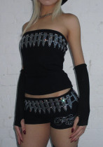 Women Beaded Strapless Top Shorts Two Piece Set Women Beaded Strapless Top Shorts Two Piece Set