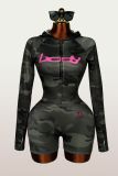 Trendy Print Sports Zip Hoodie and Shorts Two-Piece Set for Women