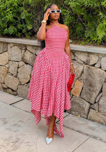 African Women's Sleeveless Halter Neck Fashion Plaid Dress Trendy High-Waist Asymmetrical Long Dress