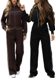 Women's Color-Block Stand Collar Zip Wide-Leg Pants Casual Two-Piece Set