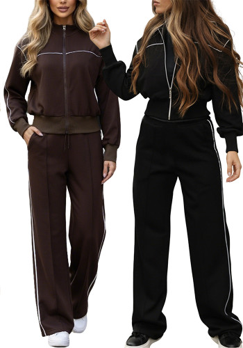 Women's Color-Block Stand Collar Zip Wide-Leg Pants Casual Two-Piece Set