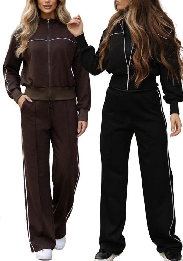 Women's Color-Block Stand Collar Zip Wide-Leg Pants Casual Two-Piece Set