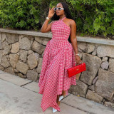 African Women's Sleeveless Halter Neck Fashion Plaid Dress Trendy High-Waist Asymmetrical Long Dress