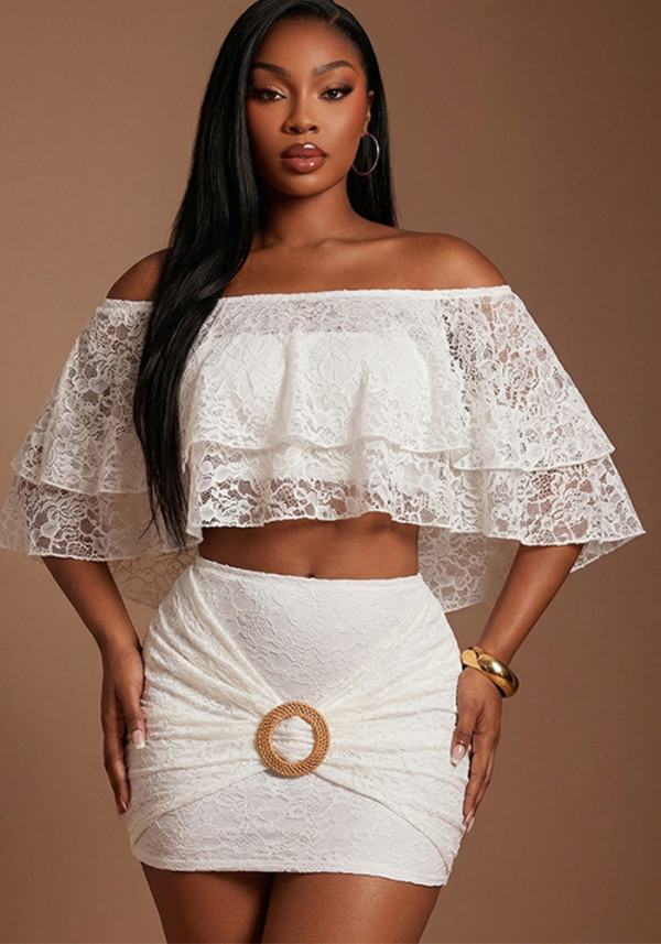 Women's Sweet Floral Lace Off-Shoulder Top Bodycon Skirt Two-Piece Set