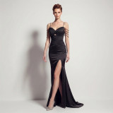 Satin Lace-Up Fishbone Split Evening Gown