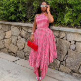African Women's Sleeveless Halter Neck Fashion Plaid Dress Trendy High-Waist Asymmetrical Long Dress