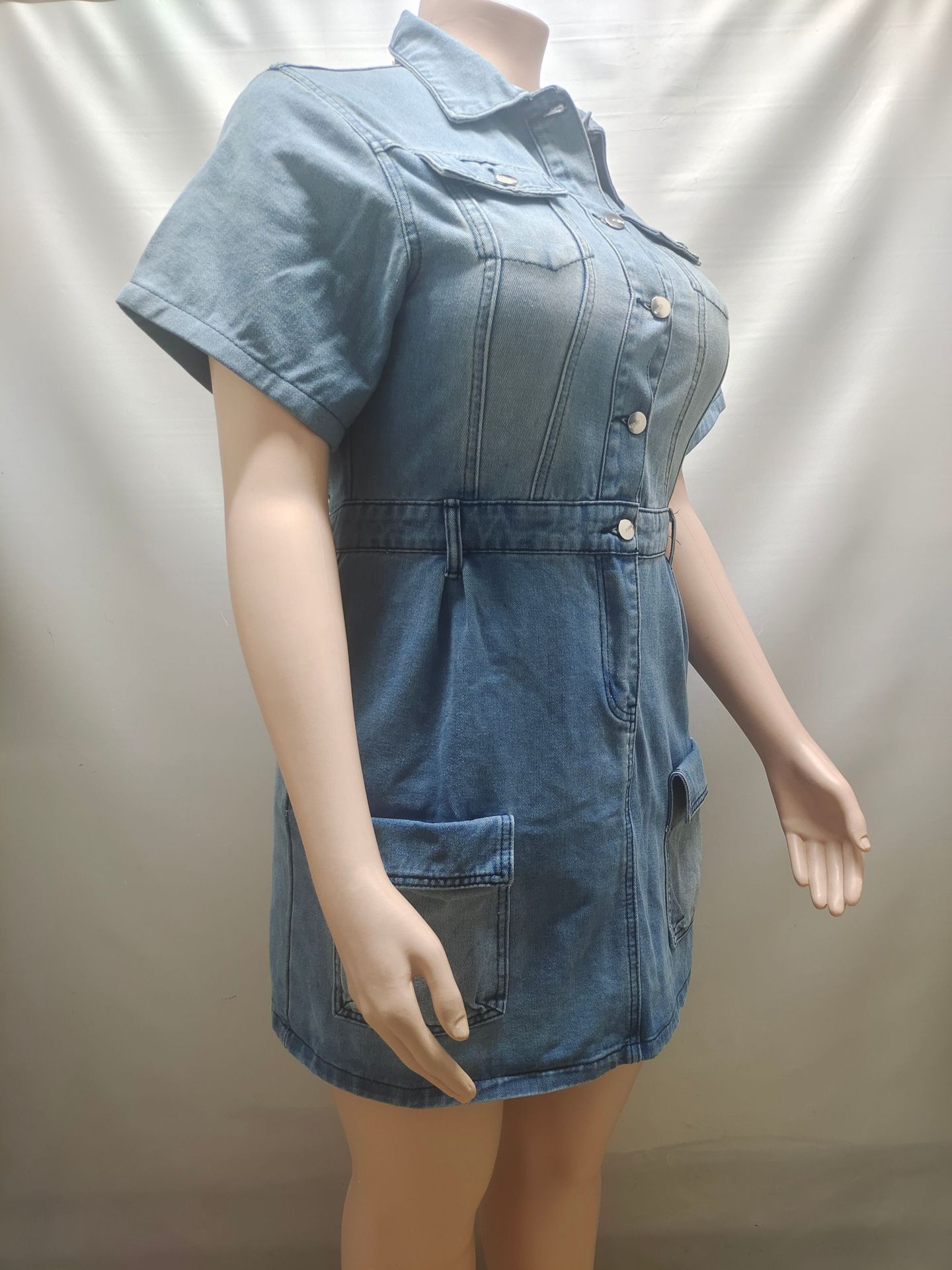 Button-Down Short-Sleeve Denim Dress for Casual Streetwear