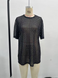 Semi-Transparent Plaid Shiny Mesh Black Round Neck Loose Casual T-Shirt