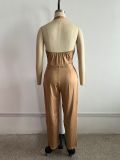 Women's Solid Color Halter Neck Zipper Jumpsuit without Belt