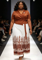 Plus Size Women African Print Turndown Collar Elegant Lace Up Ruched Maxi Dress