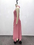 African Women's Sleeveless Halter Neck Fashion Plaid Dress Trendy High-Waist Asymmetrical Long Dress