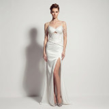 Satin Lace-Up Fishbone Split Evening Gown