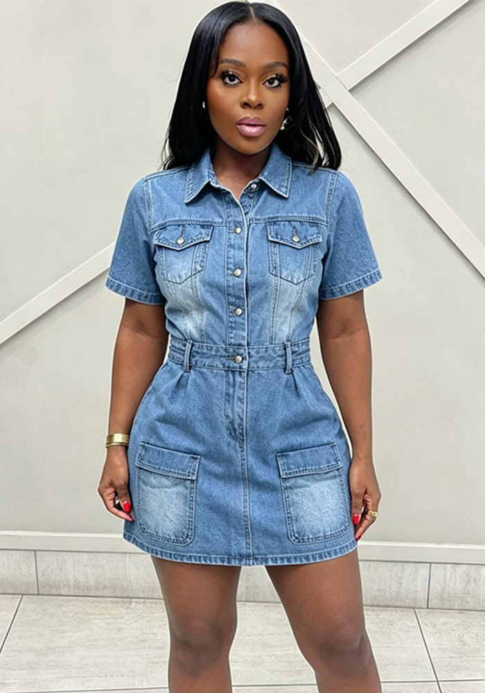 Button-Down Short-Sleeve Denim Dress for Casual Streetwear