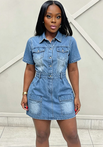 Women's Street Fashion Button-Down Short-Sleeve Denim Dress