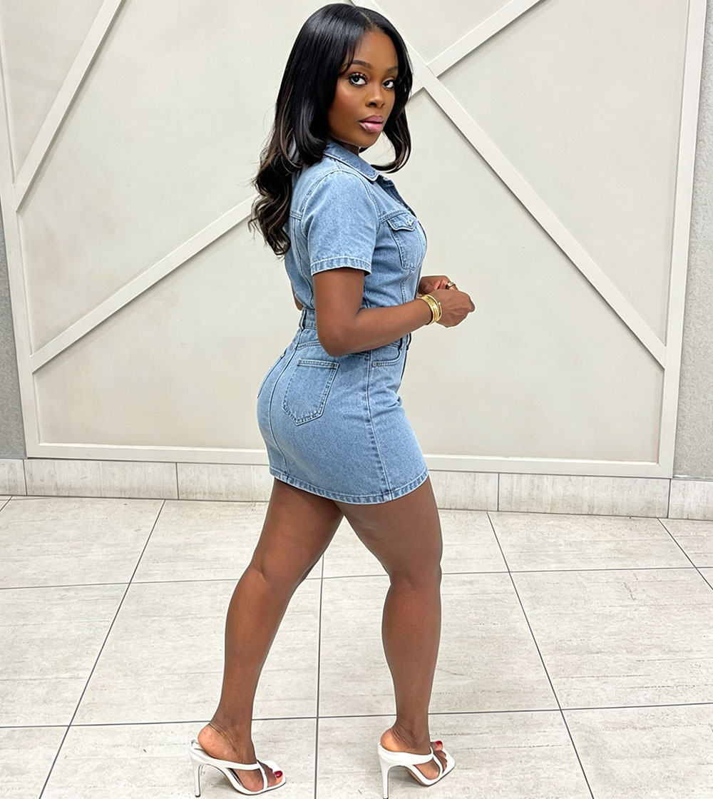Button-Down Short-Sleeve Denim Dress for Casual Streetwear