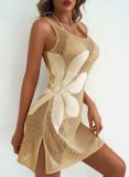 Women Summer Beach Holidays Sexy Flower Cut Out Slit Sleeveless Dress