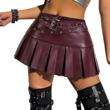 Women Pu Leather Pleated Skirt
