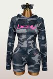 Trendy Print Sports Zip Hoodie and Shorts Two-Piece Set for Women