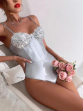 Women Shiny Pu-Leather Sequin Spaghetti Strap Sexy Backless Bodysuit