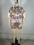 Women's Pineapple Umbrella Print Beach Short-Sleeve Shirt Shorts Set