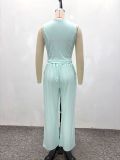 African Women's Sleeveless Solid Color Slim-Fit Round Neck Top Lace-Up Casual Long Pants Two-Piece Set