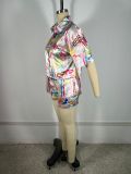 Women's Pineapple Umbrella Print Beach Short-Sleeve Shirt Shorts Set