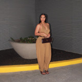 Women's Solid Color Halter Neck Zipper Jumpsuit without Belt