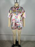 Women's Pineapple Umbrella Print Beach Short-Sleeve Shirt Shorts Set