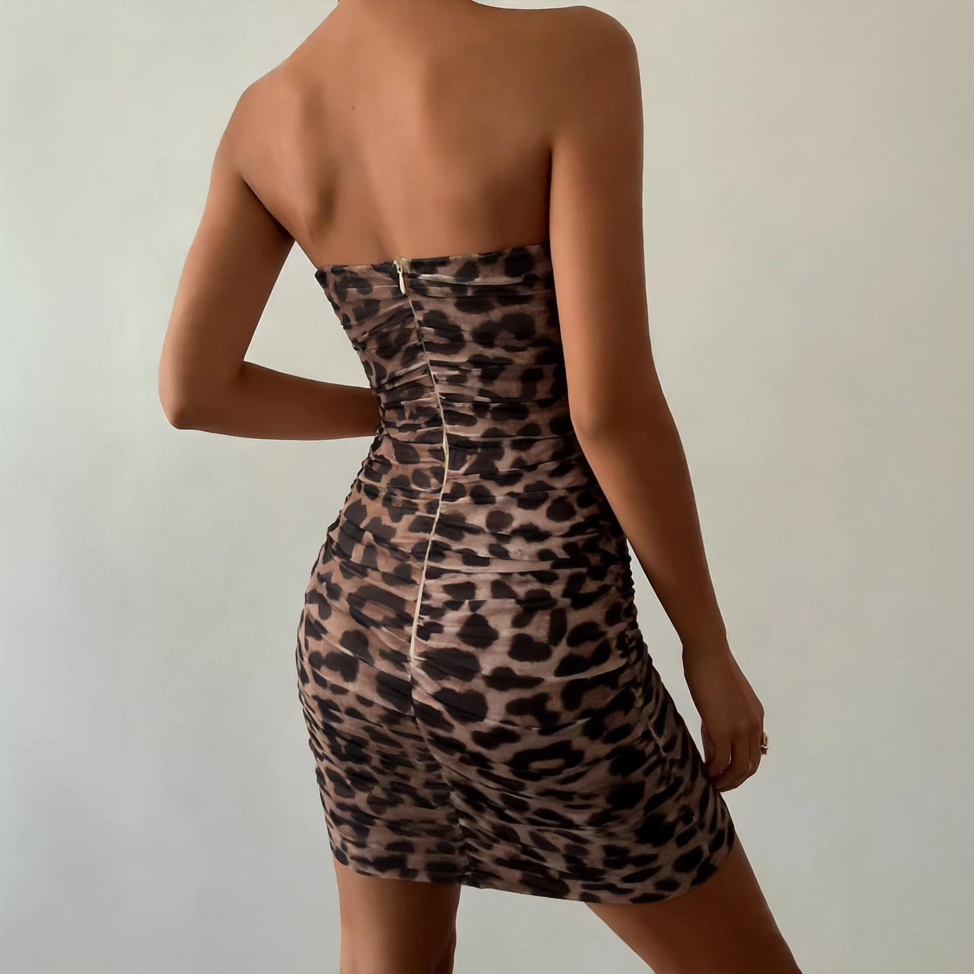 Leopard Print Strapless Bodycon Dress for Evening Parties